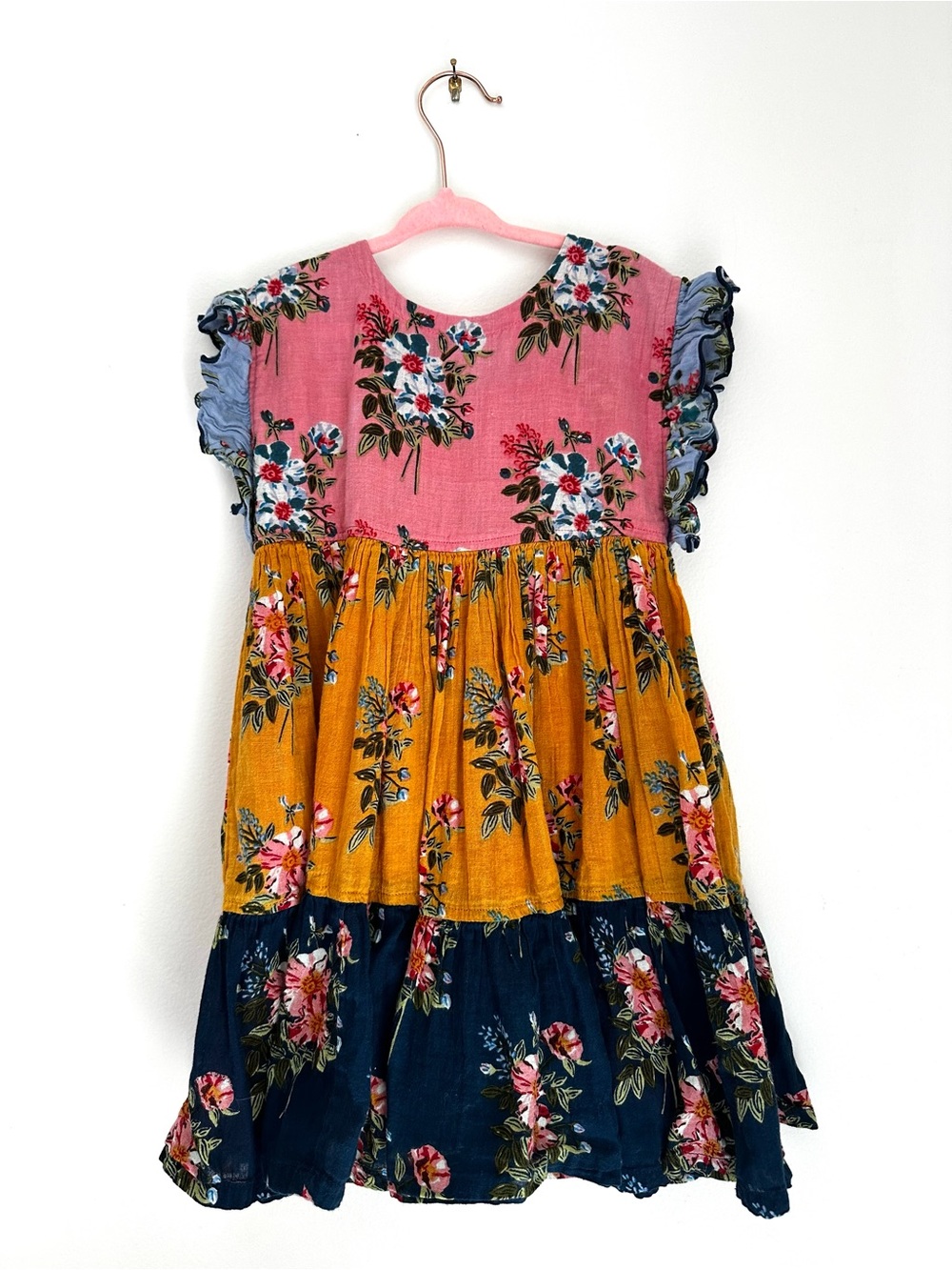 Pink Chicken Floral Tiered Colorblock Dress - Pink, Mustard & Navy